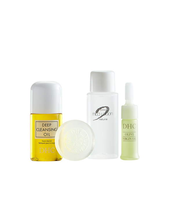 DHC Olive Essentials Travel Set (Deep Cleansing Oil, Olive Face Soap, Mild Lotion, Olive Virgin Oil)